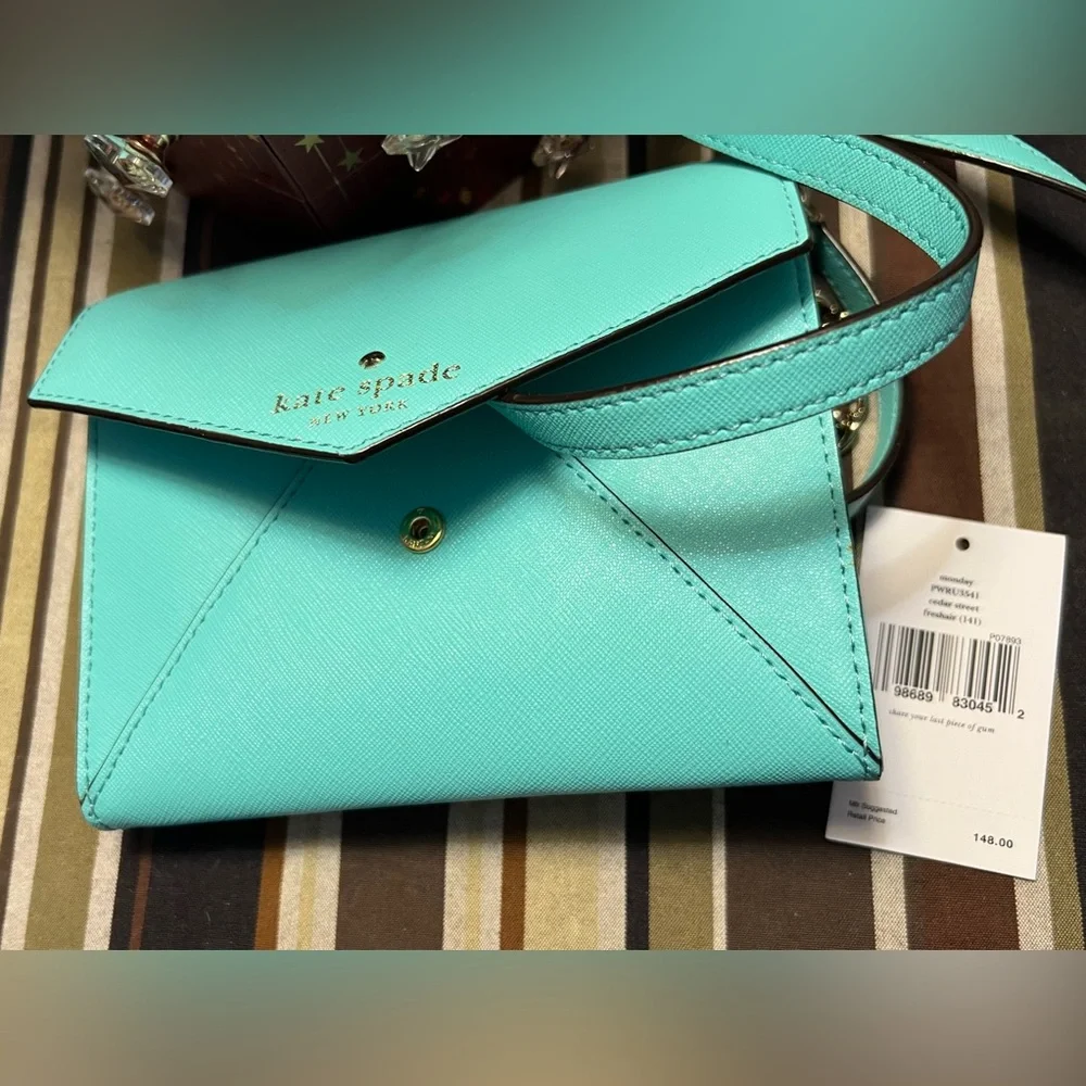 Kate Spade Turquoise/light blue Monday “Share your last piece of gum” Crossbody